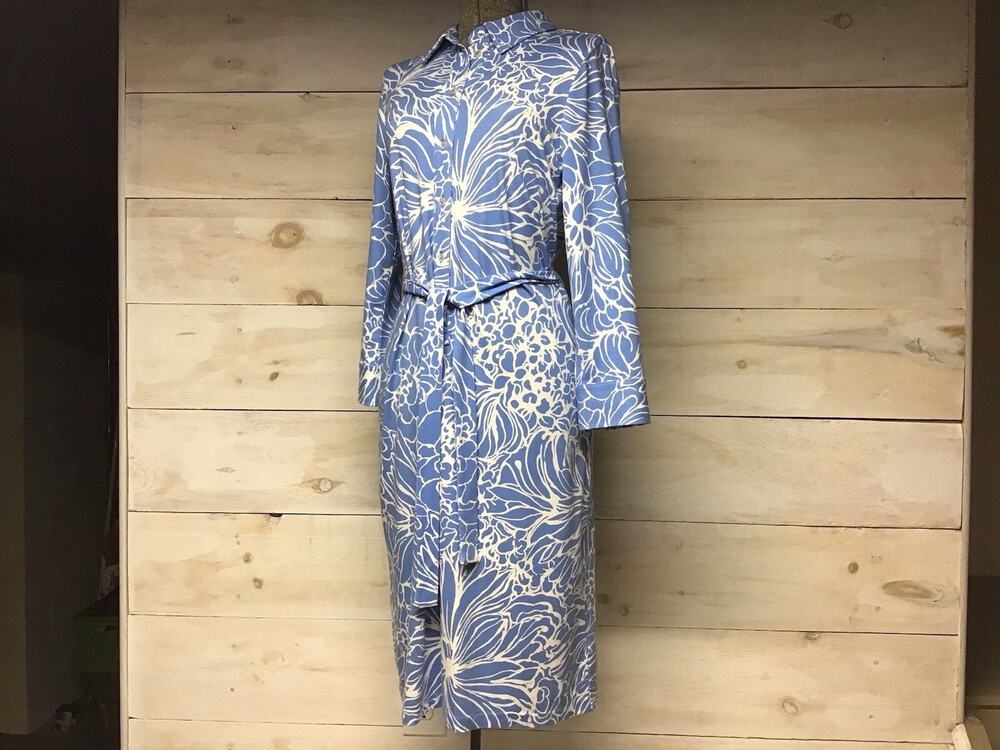Talbots Blue White Classic Floral Belt Button Jersey Shirtdress M Office Preppy